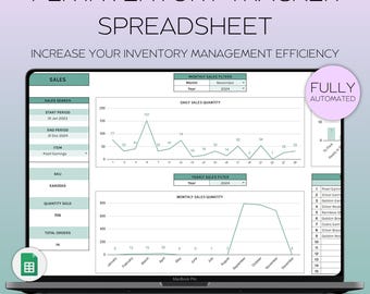 Puede incluir: Una pantalla de portátil muestra una hoja de cálculo titulada "PLR Inventory Tracker Spreadsheet". La pantalla muestra datos de ventas, gráficos y el texto "Increase Your Inventory Management Efficiency". La hoja de cálculo está totalmente automatizada y tiene 7 pestañas.