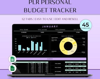 May include: A laptop screen displays a personal budget tracker template. The screen shows financial data, charts, and graphs for income, expenses, and savings. Text on the screen includes "PLR Personal Budget Tracker" and "January". The template is designed for commercial and personal use.