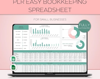 May include: A laptop displaying a spreadsheet with financial data, charts, and graphs. The screen shows the text "PLR EASY BOOKKEEPING SPREADSHEET" and "FOR SMALL BUSINESSES". The laptop is on a pink background. The spreadsheet is labeled "FULLY AUTOMATED".