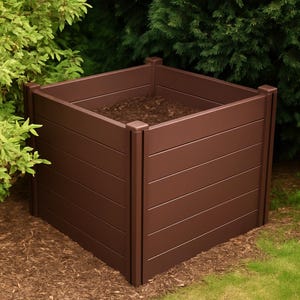 May include: A brown, square raised garden bed made of horizontal wooden planks. The bed is filled with soil and sits in a garden setting with green foliage in the background. The corners of the bed have vertical posts.