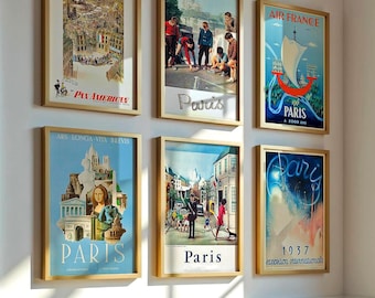 Set van 8 vintage Parijs reisposters | Franse retro muurdecoratie (digitale download)