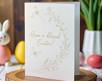 Floral Easter Card, Blessed Greetings, Butterflies, Bible Verse (Digital Download)