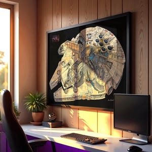 May include: A framed wall art print featuring a detailed technical cutaway illustration of the Millennium Falcon spaceship from Star Wars, displayed in a black frame on a light wood panelled wall above a white desk with a computer setup.