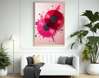 Wall Art Set of 3 Pink Cherry, Vinyl Record, Champagne Prints (Digital Download)