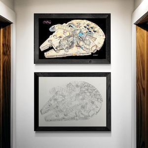 May include: Two framed prints of the Millennium Falcon. The top print is a detailed, colourful cutaway view against a black background. The bottom print is a black and white blueprint-style illustration.
