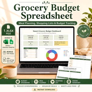 Pianificatore di budget per la spesa e dei pasti / Modello Excel + Fogli Google / Menù settimanale stampabile