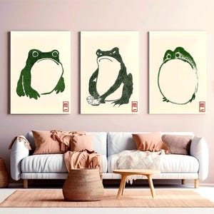 Japanese Frog Wall Art Set of 3, Green Watercolor Prints - Digital Download