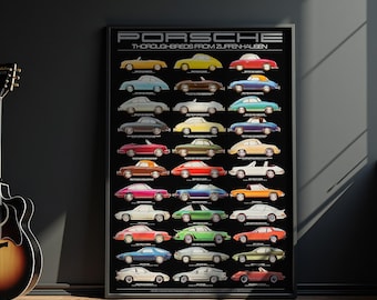 May include: A black rectangular poster titled PORSCHE THOROUGHBREDS FROM ZUFFENHAUSEN, featuring a grid of thirty-three colorful illustrations of various Porsche car models arranged in eleven rows of three, displayed against a dark wall.