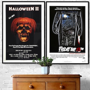 Two movie posters, side-by-side, for the horror films Halloween II and Friday the 13th. The Halloween II poster features a jack-o-lantern with a skull face. The Friday the 13th poster features a silhouette of a person holding a knife.