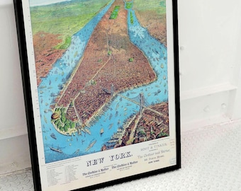 Vintage 1879 New York City Map Print, Hand Drawn Bird's Eye View (Digital Download)