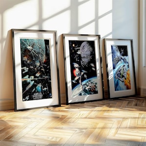 スター・ウォーズ バトルポスター 3枚セット、高解像度デジタルプリント、ヴィンテージSF装飾、デス・スター、ファルコン、Xウィング、宇宙戦闘プリント、ギークギフト