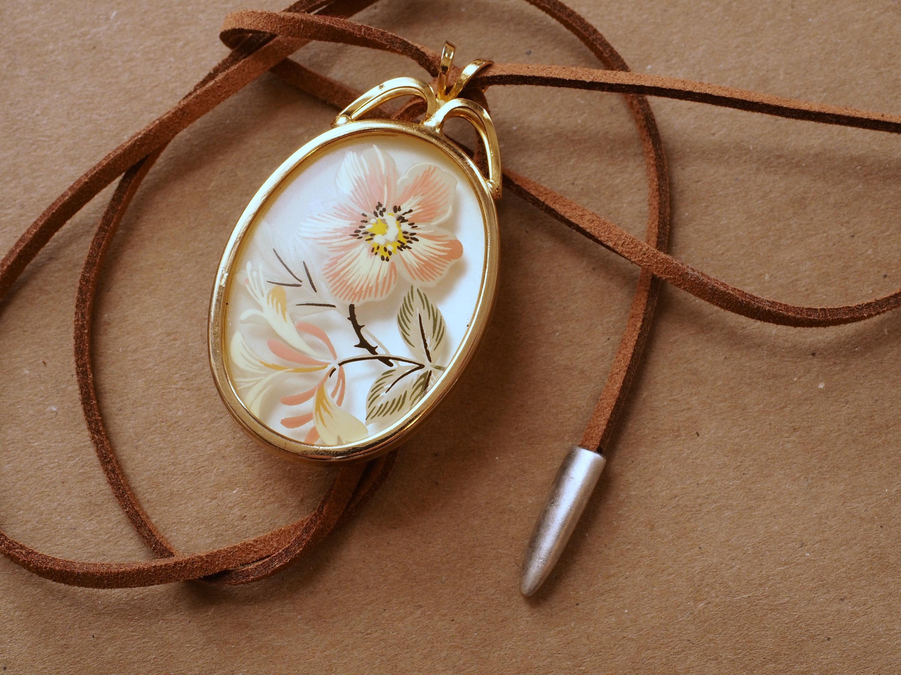 Bolo Tie Necklace with Vintage Hand-Painted Pendant