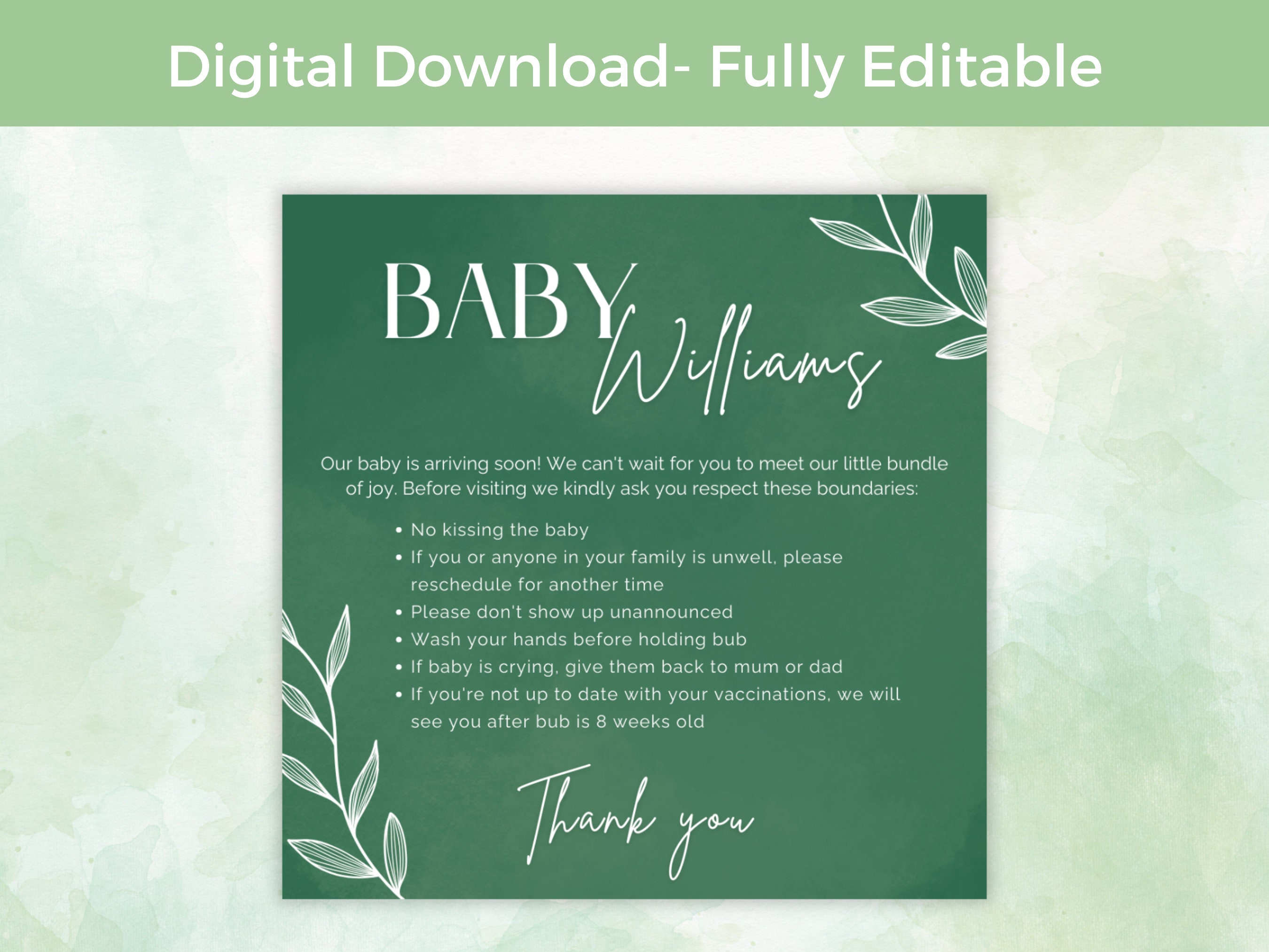 Newborn Rules.pdf Newborn Baby Rules Template, Botanical Green Floral, No Vax No Visit ...
