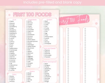 Pink Baby's First 100 Foods Checklist, 100 Before One, Baby Food Tracker, Starting Solids Set, Baby Led Weaning, Instant Download