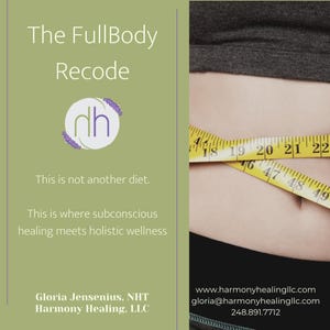 Peut inclure: L'image présente le texte : "The FullBody Recode." Un ruban à mesurer jaune est enroulé autour de la taille d'une personne. Le texte "This is not another diet" et "This is where subconscious healing meets holistic wellness" est également présent.