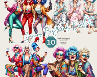 Pakiet clipartów PNG z retro winem i babcią, projekt przyjaciół (pobieranie cyfrowe)