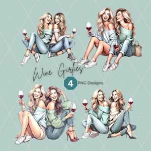 Chica de vino clipart descarga digital mejor amiga bebiendo PNG acogedora estética mejores amigas ilustración para camisetas tazas diseño de sublimación