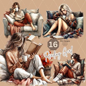 May include: Digital illustrations of a person reading, each set in a cosy scene. The images show a person with a book and a mug, relaxing on a sofa or bed. The text "16 PNG Designs Reading Girl" is also present.