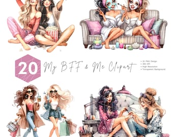 May include: A digital illustration featuring four scenes of women. One scene shows two women with popcorn, another shows two women with face masks, and the other two scenes show women shopping and doing nails. The text reads "20 My BFF & Me Clipart".