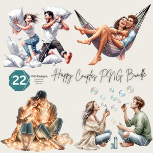 May include: Digital art bundle depicting couples in different scenarios. Scenes include a pillow fight, relaxing in a hammock, sitting with fairy lights, and blowing bubbles. The text "Happy Couples PNG Bundle" is also present.