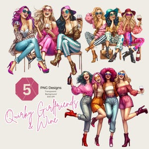 Quirky Wine girl clipart digital download best friend drinking PNG cozy aesthetic besties illustration fun people images