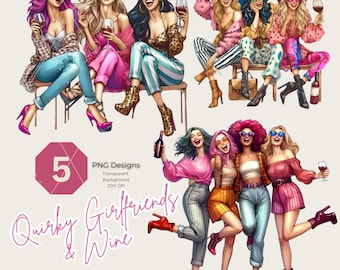 May include: Digital illustration featuring a group of stylish women enjoying wine. The image showcases various fashion styles, including patterned pants, heels, and sunglasses. The text "Quirky Girlfriends & Wine" is also present.