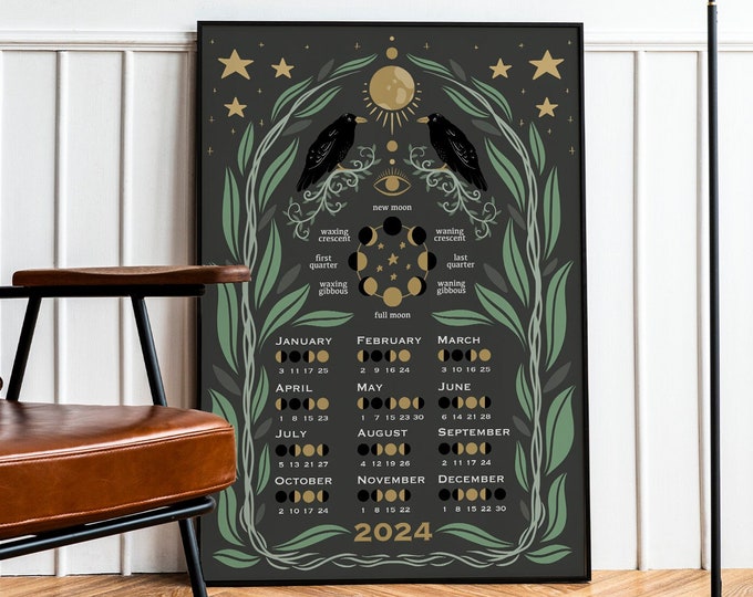 Lunar Calendar 2024, Moon Phase Calendar, Printable Calendar, Wall