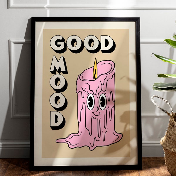 Decorative Candle Downloadable Digital Print, Retro Cartoon Character Design, Funky Risograph Wall Art Poster, Pink Girly Maximalist Art