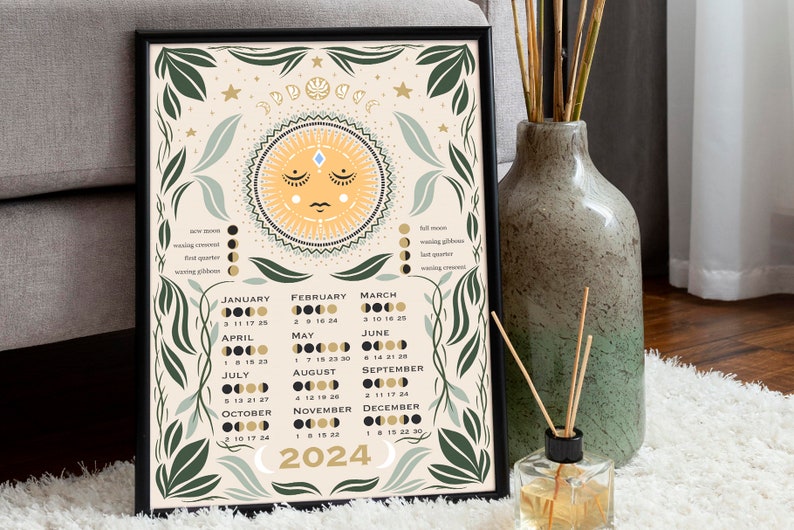 Lunar Calendar 2024, Moon Phase Calendar, Printable Calendar, Wall