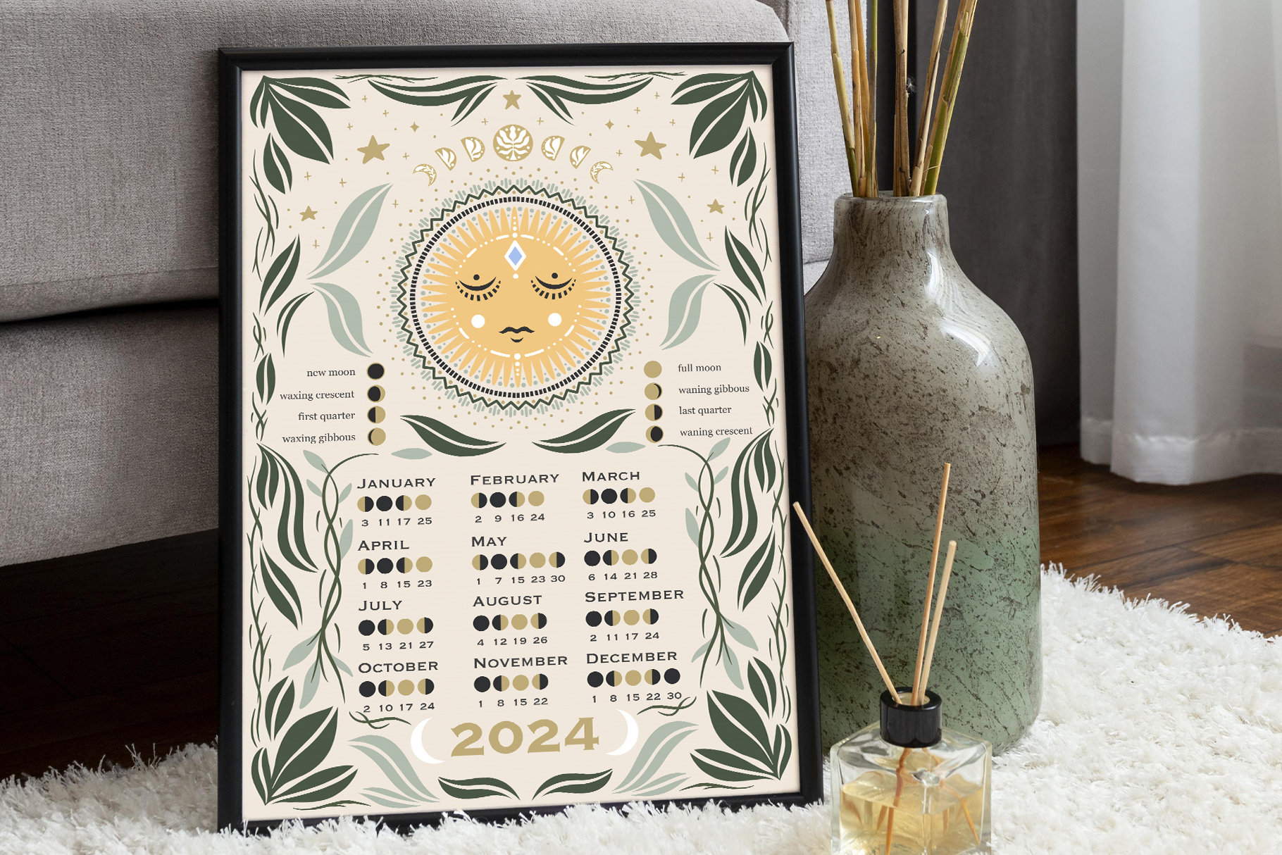 Lunar Calendar 2024, Moon Phase Calendar, Printable Calendar, Wall