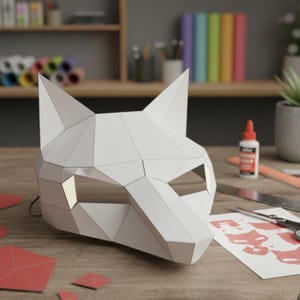 May include: A white, geometric papercraft wolf mask with eye openings. The mask is made of folded paper and sits on a wooden surface. Craft supplies, including glue and scissors, are in the background.