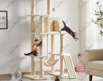 63-in Tall 3 Tier Cat Tree with 1 Condo and Hammock, Cat Tree with Toy Ball, Cat Scratching Table, Cat Tree For Cats With 22 Pounds Or Less