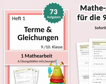 9th/10th grade math work and interactive PDFs with worksheets and solutions | Instructions for exercises | Terms, equations | 73 tasks