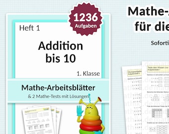 1st Grade Math Worksheets and Interactive PDFs with Instructions and Solutions | including math test | Addition up to 10 | 1236 tasks