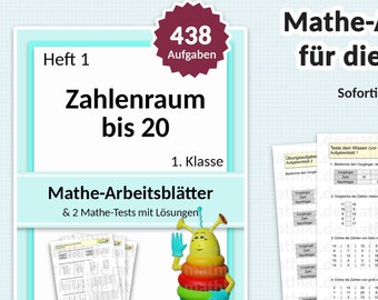 1st Grade Math Worksheets and Interactive PDFs with Instructions and Solutions | including math test | Number range up to 20 | 438 tasks