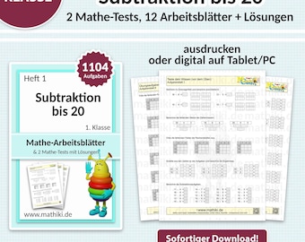 Mathe Arbeitsblätter 1. Klasse | Subtraktion bis 20 | Mit Anleitung, Tests und Lösungen PDF für Tablet & Druck