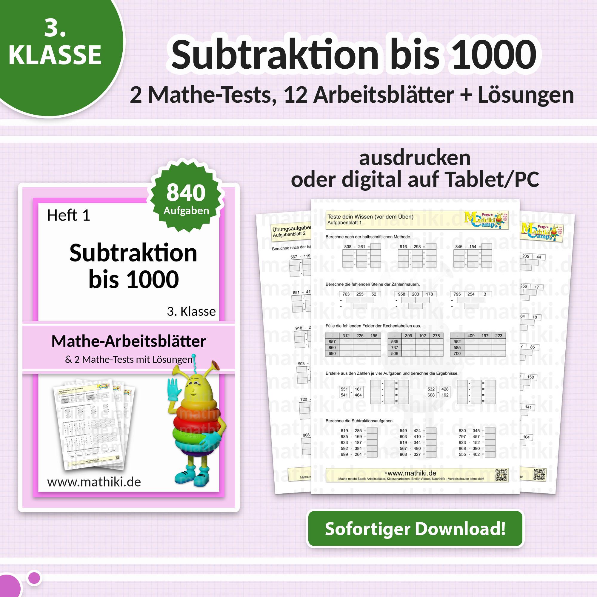 Math Worksheets for 3rd Grade | Subtraction up to 1,000 | With