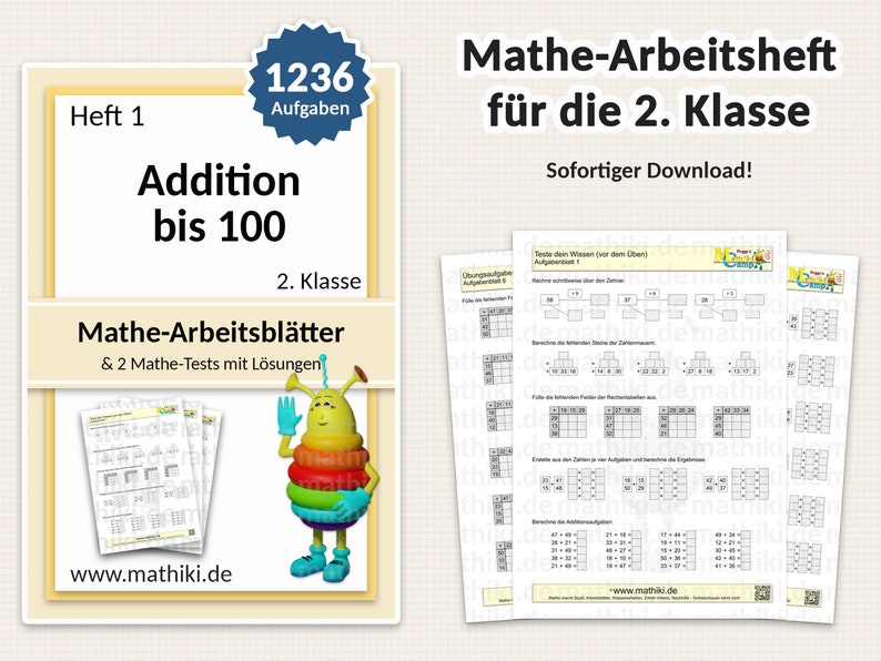 2. Klasse Mathe Arbeitsblätter und interaktive PDFs mit Anleitung und Lösungen | inkl. Mathe-Test | Addition bis 100 | 1236 Aufgaben