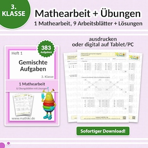 Mathearbeit 3. Klasse | Gemischte Aufgaben bis 1.000 | Arbeitsblätter mit Anleitung, Übungen und Lösungen PDF für Tablet & Druck