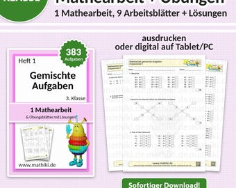 Examen de matemáticas para 3.er grado | Problemas mixtos hasta 1000 | Fichas con instrucciones, ejercicios y soluciones (PDF para tableta e impresión)
