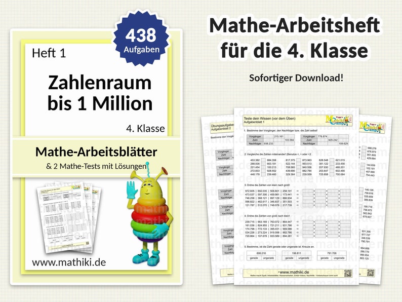 4. Klasse Mathe Arbeitsblätter und interaktive PDFs mit Anleitung und Lösungen | inkl. Mathe-Test | Zahlenraum bis 1 Million | 438 Aufgaben