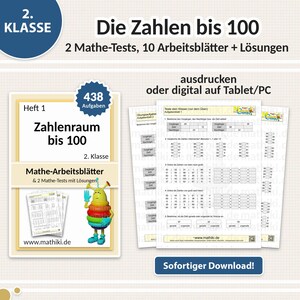 Mathe Arbeitsblätter 2. Klasse | Die Zahlen bis 100 | Mit Anleitung, Tests und Lösungen PDF für Tablet & Druck