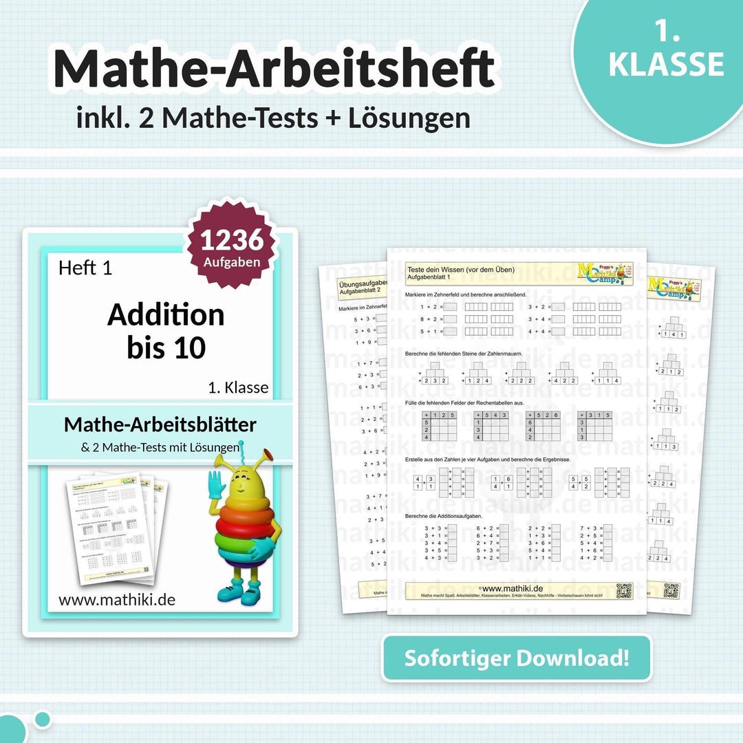 Mathe-Arbeitsblätter 1. Klasse | Addition bis 10 | Mit Anleitung, Tests