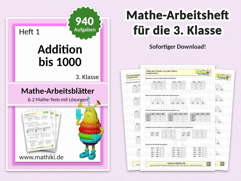 3. Klasse Mathe Arbeitsblätter und interaktive PDFs mit Anleitung und Lösungen | inkl. Mathe-Test | Addition bis 1000 | 940 Aufgaben