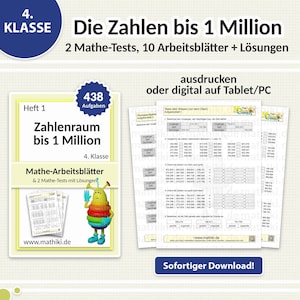 Schede di matematica per la quarta elementare | Numeri fino a 1 milione | Con istruzioni, test e soluzioni (PDF per tablet e stampa)