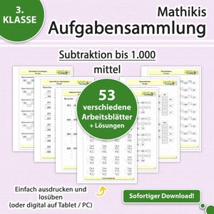 May include: A collection of math worksheets for the 3rd grade, featuring subtraction problems up to 1,000. The worksheets are displayed on a light purple background with green accents and the text "53 verschiedene Arbeitsblätter + Lösungen".