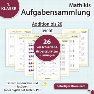 Exercices de mathématiques pour le CP | Additions jusqu'à 20 | Série de problèmes (PDF) | Niveau d'apprentissage : facile (tablette et impression)