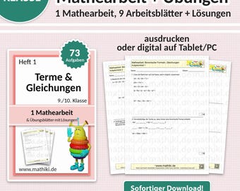 Hoja de ejercicios de matemáticas para 9.º y 10.º grado | Expresiones y ecuaciones | Hojas de trabajo con instrucciones, ejercicios y soluciones (PDF para tableta e impresión)