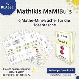 Peut inclure: Ensemble de mini-livres de mathématiques "Mathikis MaMiBu's" pour la 4e année. Les livres blancs avec du texte noir présentent un personnage de dessin animé rouge. Le texte "Einfach ausdrucken und selber basteln" et "Sofortiger Download!" est inclus.