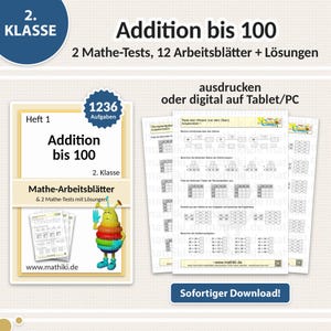 Fichas de matemáticas para 2.º grado | Sumas hasta 100 | Con instrucciones, pruebas y soluciones (PDF para tableta e impresión)